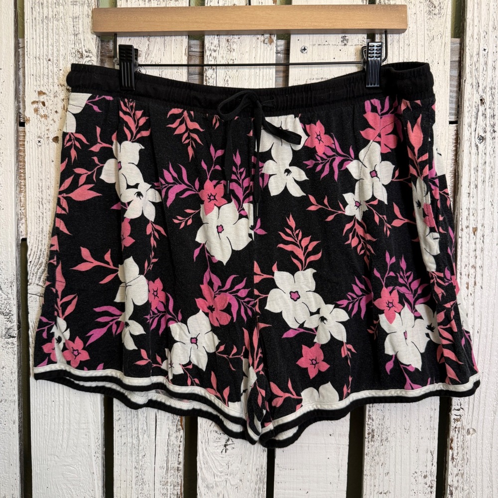 Secret Treasures Women XL Floral Sleep Shorts Black Pink Tropical Drawstring